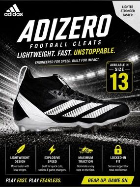 ADIDAS ADIZERO IMPACT+ FOOTBALL CLEATS, Size 13 (Black & White)